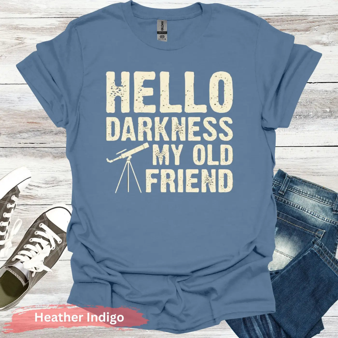 Stargazer’s Serenade: ’Hello Darkness’ T-Shirt - S / Heather Indigo - Physical Item