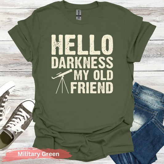 Stargazer’s Serenade: ’Hello Darkness’ T-Shirt - S / Military Green - Physical Item