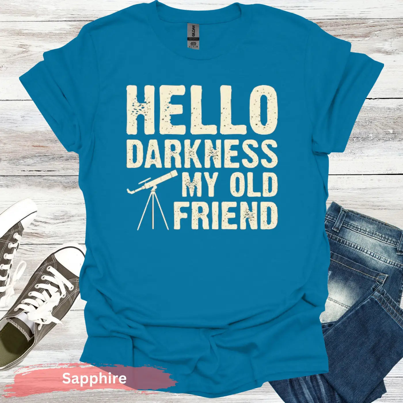 Stargazer’s Serenade: ’Hello Darkness’ T-Shirt - S / Sapphire - Physical Item