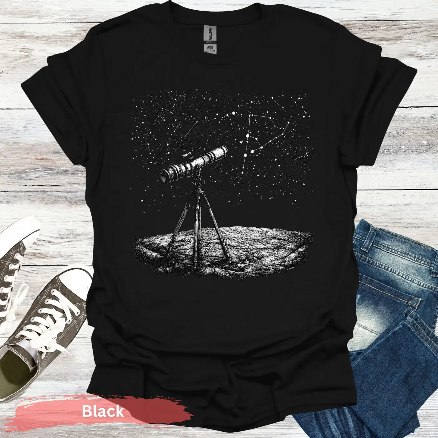 Stargazing Telescope Night Sky T-shirt - S / Black - Physical Item