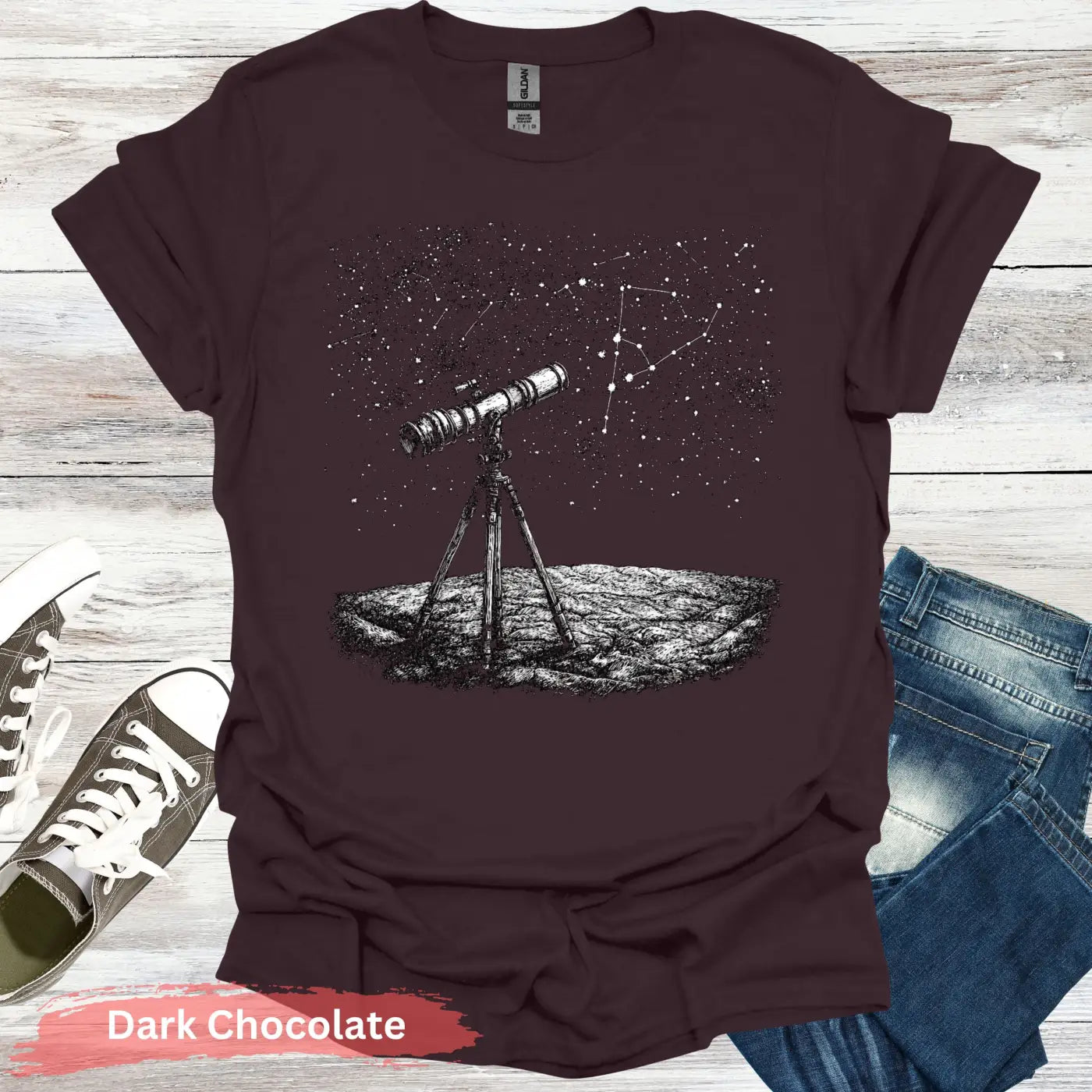 Stargazing Telescope Night Sky T-shirt - S / Dark Chocolate - Physical Item