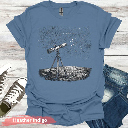 Stargazing Telescope Night Sky T-shirt - S / Heather Indigo - Physical Item