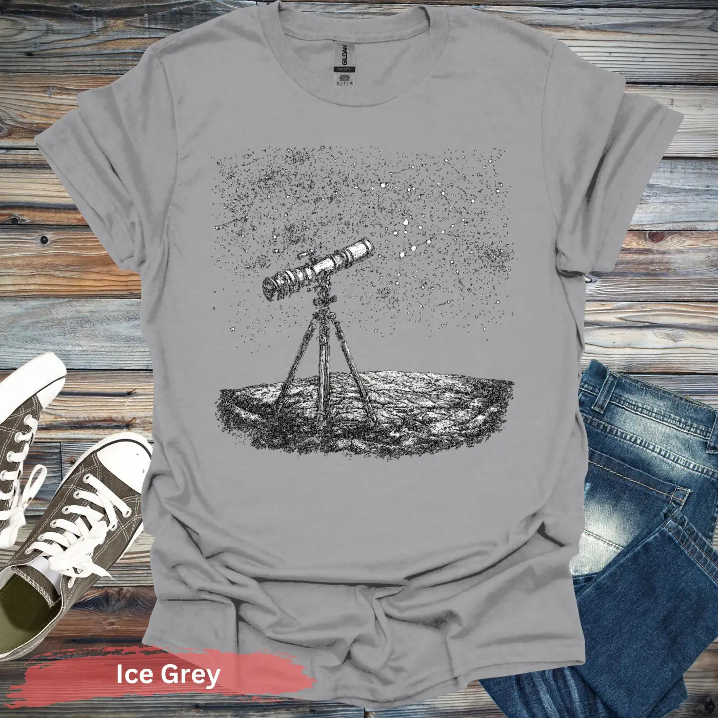 Stargazing Telescope Night Sky T-shirt - S / Ice Grey - Physical Item