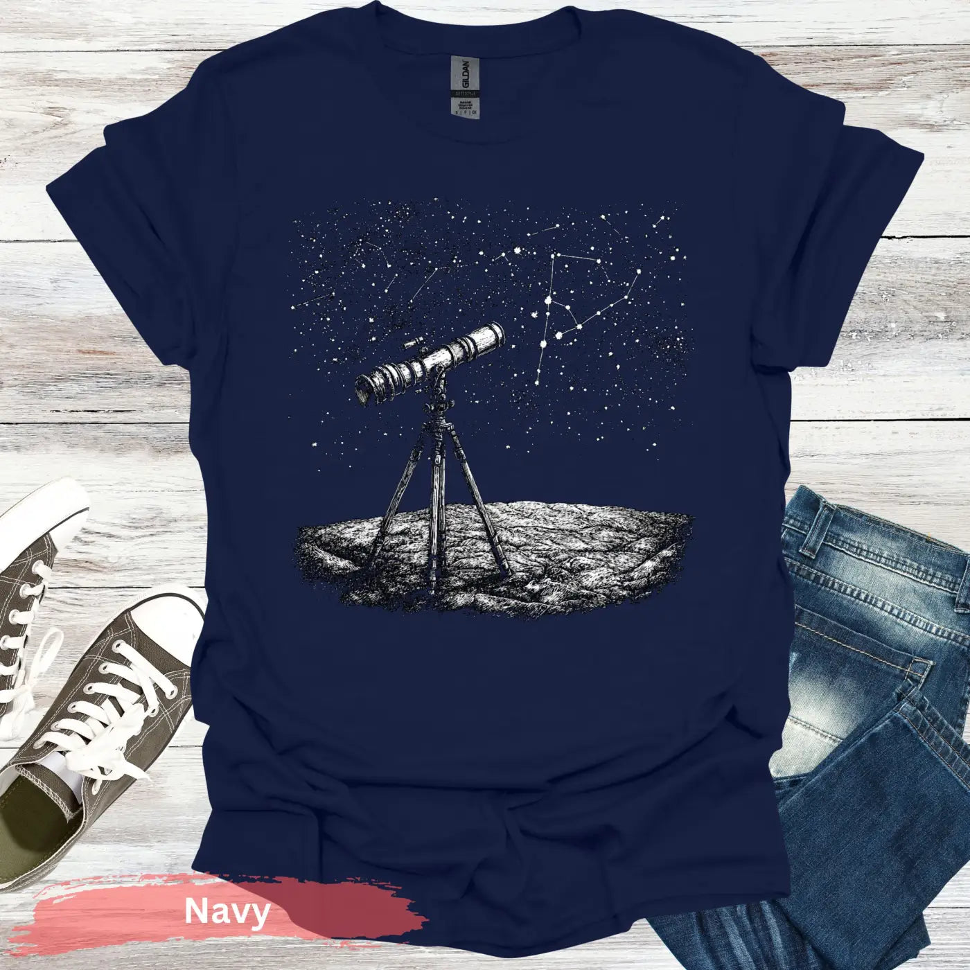 Stargazing Telescope Night Sky T-shirt - S / Navy - Physical Item