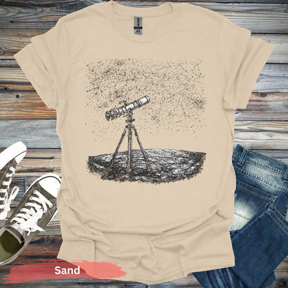 Stargazing Telescope Night Sky T-shirt - S / Sand - Physical Item