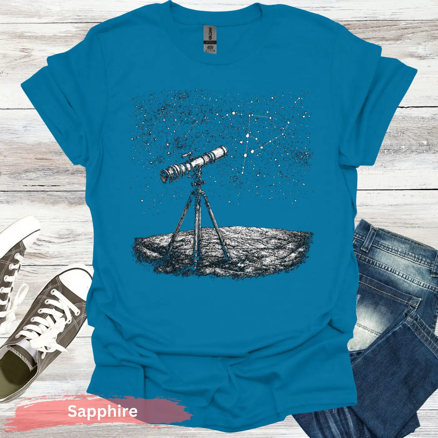 Stargazing Telescope Night Sky T-shirt - S / Sapphire - Physical Item