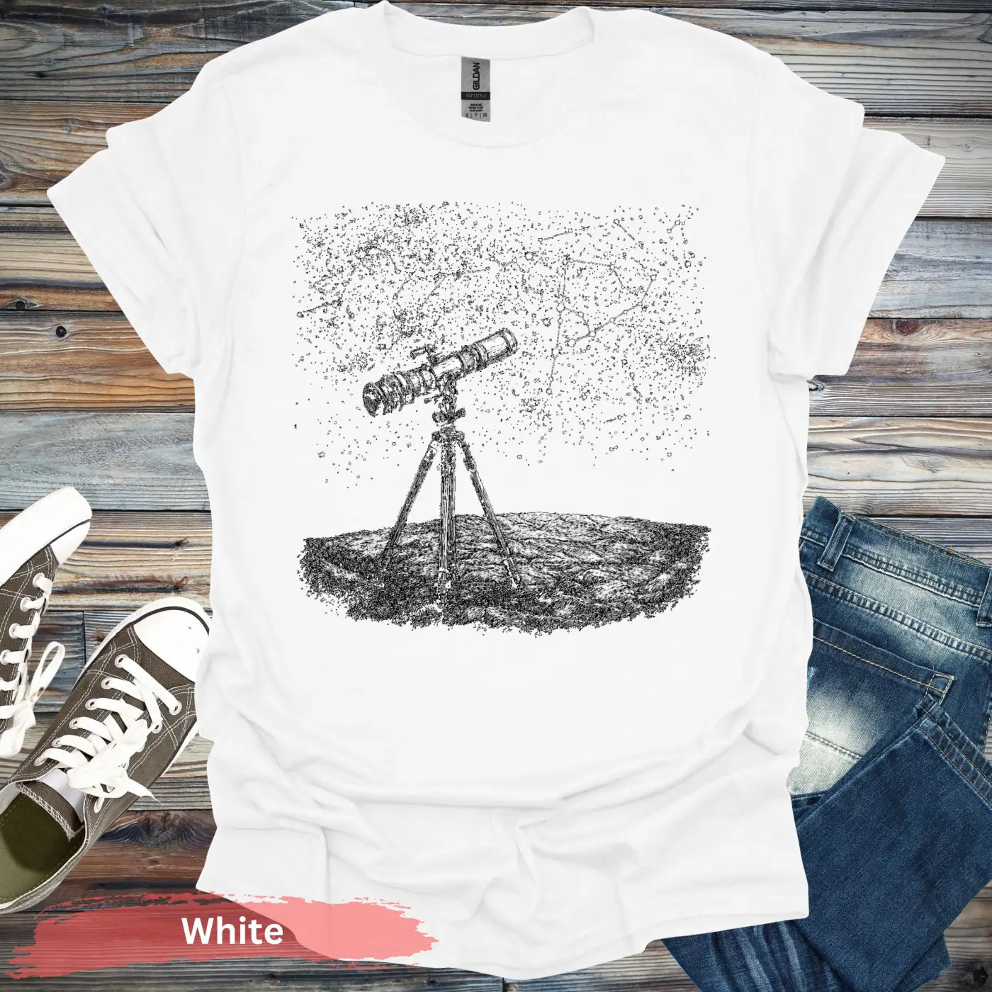 Stargazing Telescope Night Sky T-shirt - S / White - Physical Item