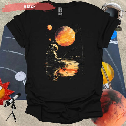 Starlit Serenity: Cosmic Fishing Escape T-shirt - S - Unisex / Black - Physical Item