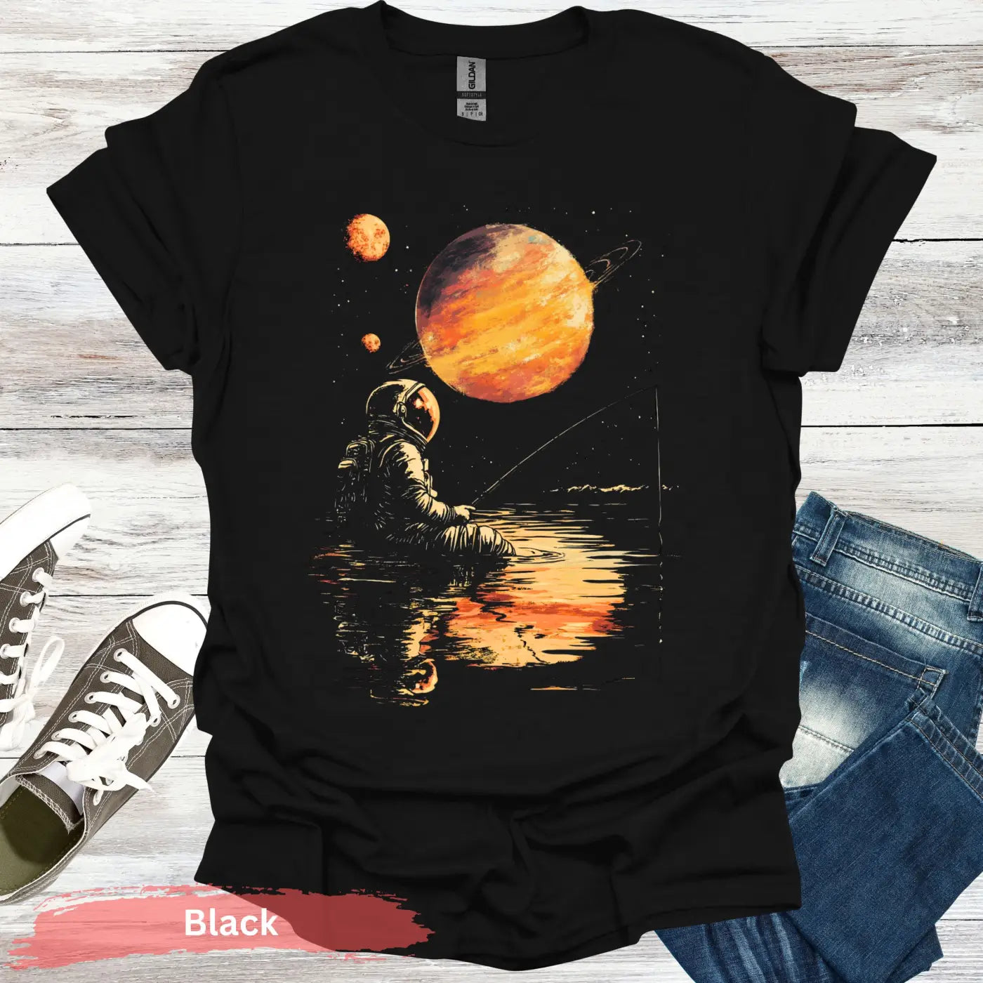 Starlit Serenity: Cosmic Fishing Escape T-shirt - S - Unisex / Black - Physical Item
