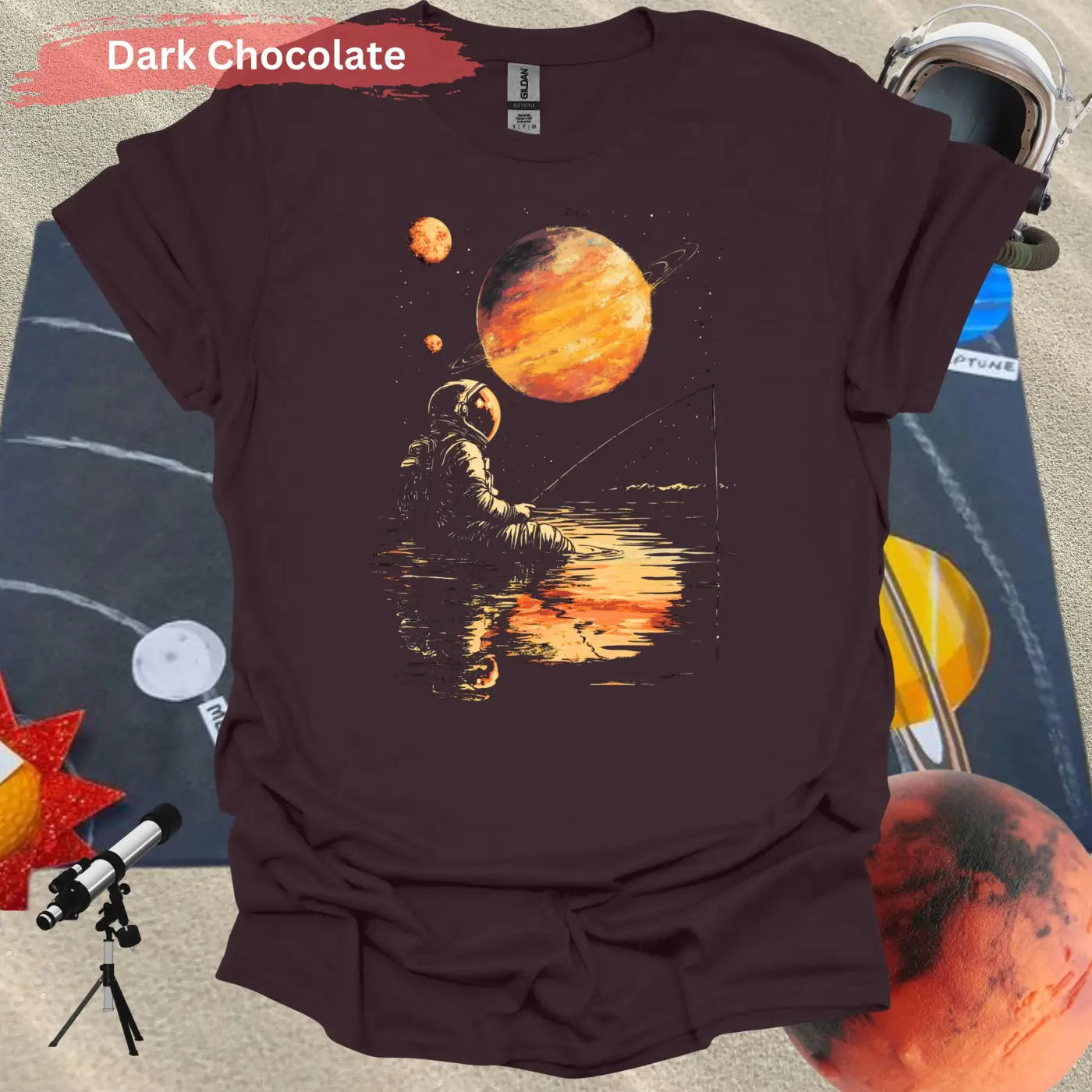 Starlit Serenity: Cosmic Fishing Escape T-shirt - S - Unisex / Dark Chocolate - Physical Item