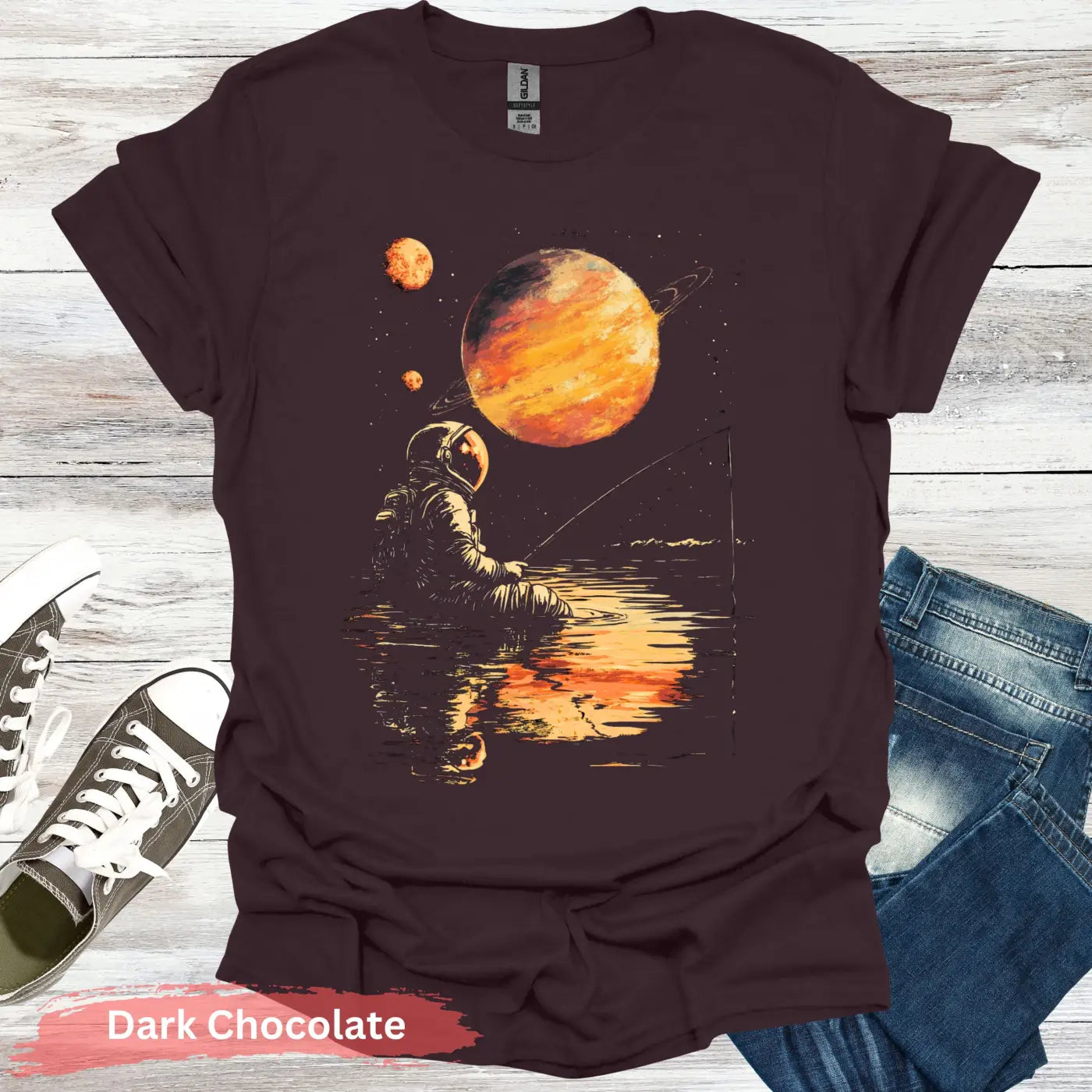 Starlit Serenity: Cosmic Fishing Escape T-shirt - S - Unisex / Dark Chocolate - Physical Item
