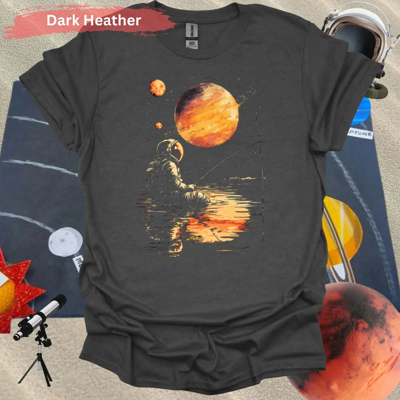 Starlit Serenity: Cosmic Fishing Escape T-shirt - S - Unisex / Dark Heather - Physical Item