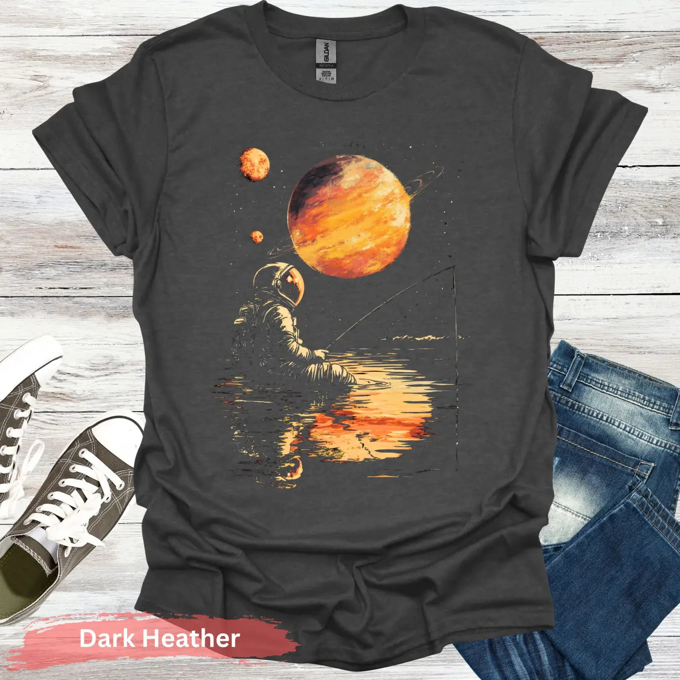 Starlit Serenity: Cosmic Fishing Escape T-shirt - S - Unisex / Dark Heather - Physical Item