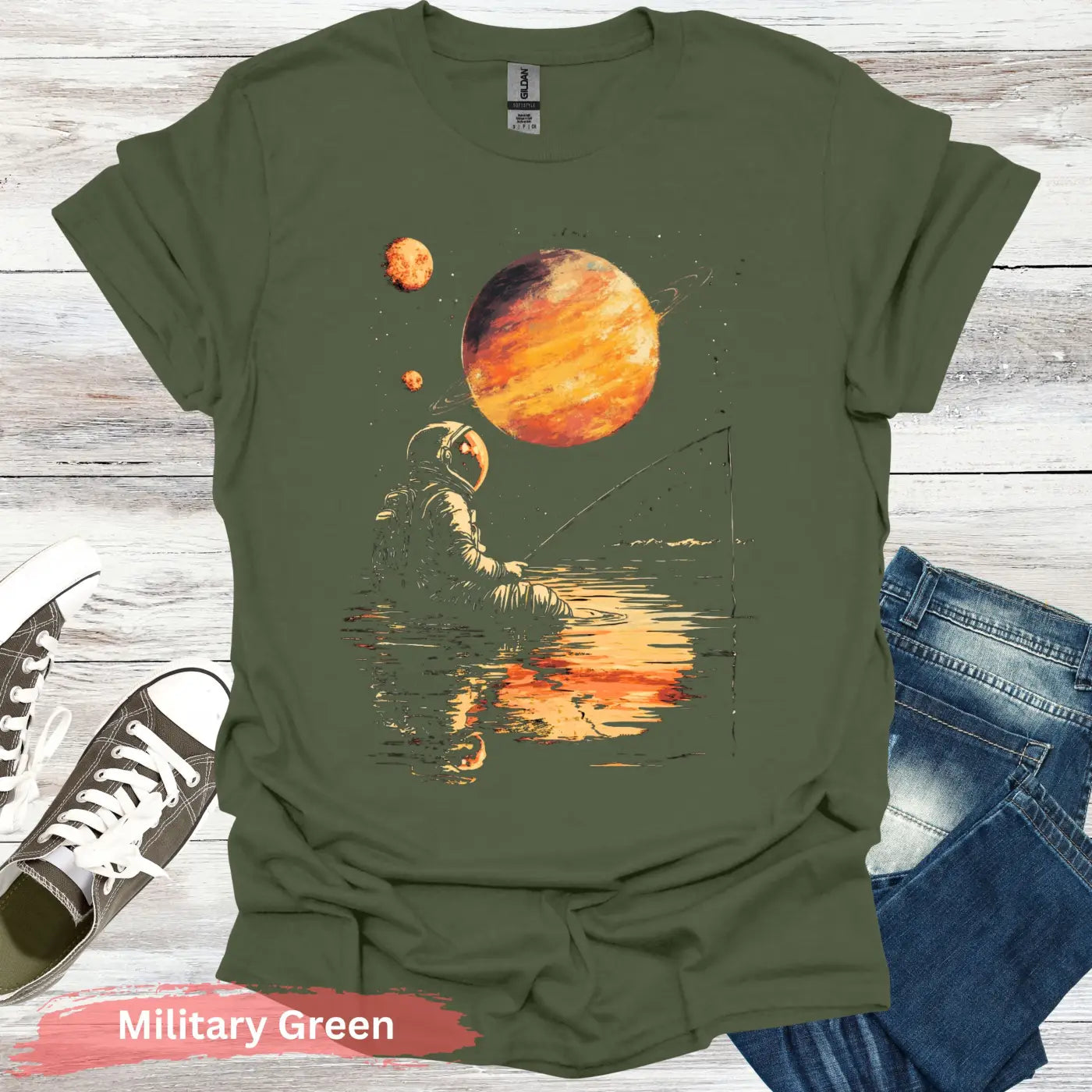 Starlit Serenity: Cosmic Fishing Escape T-shirt - S - Unisex / Military Green - Physical Item