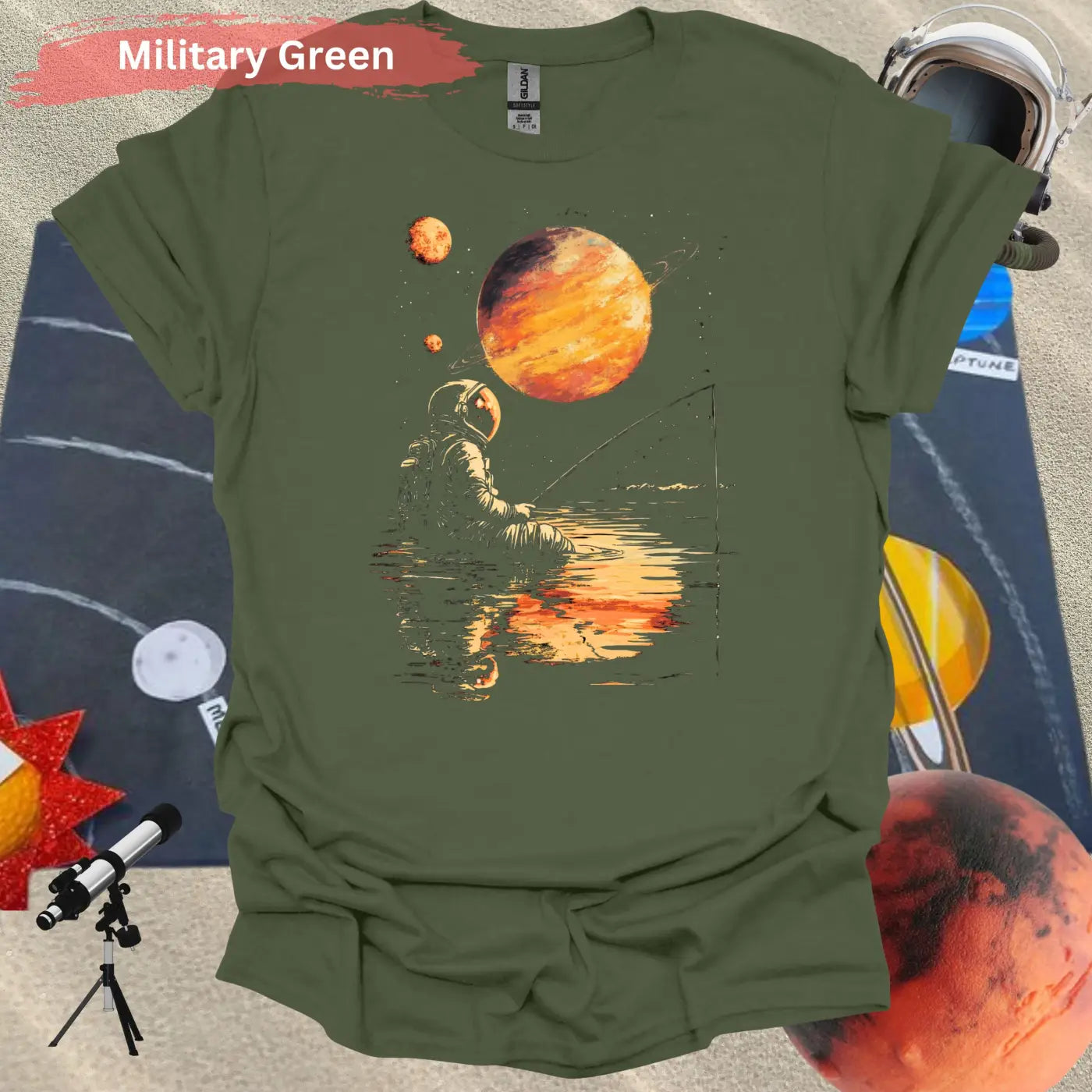 Starlit Serenity: Cosmic Fishing Escape T-shirt - S - Unisex / Military Green - Physical Item