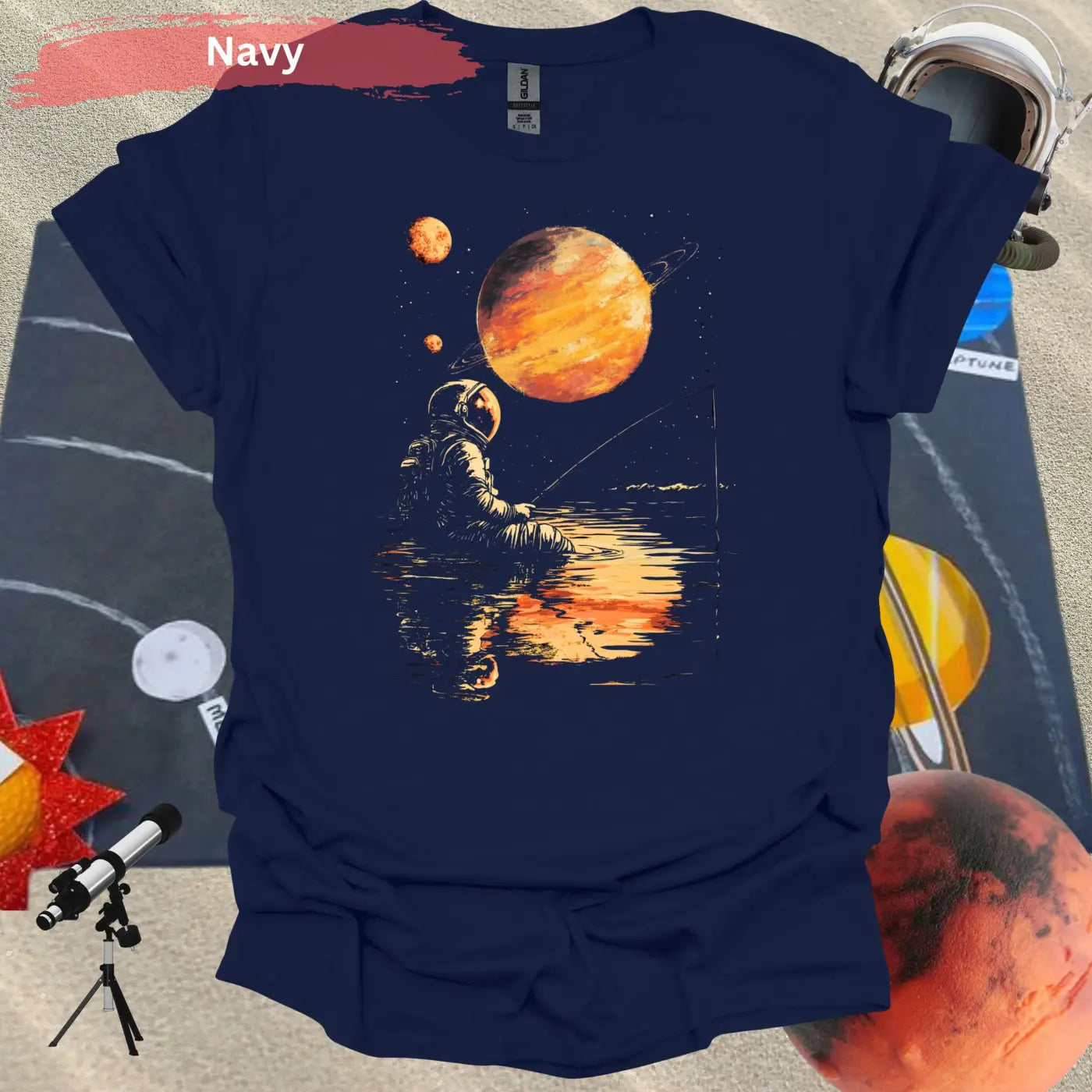 Starlit Serenity: Cosmic Fishing Escape T-shirt - S - Unisex / Navy - Physical Item