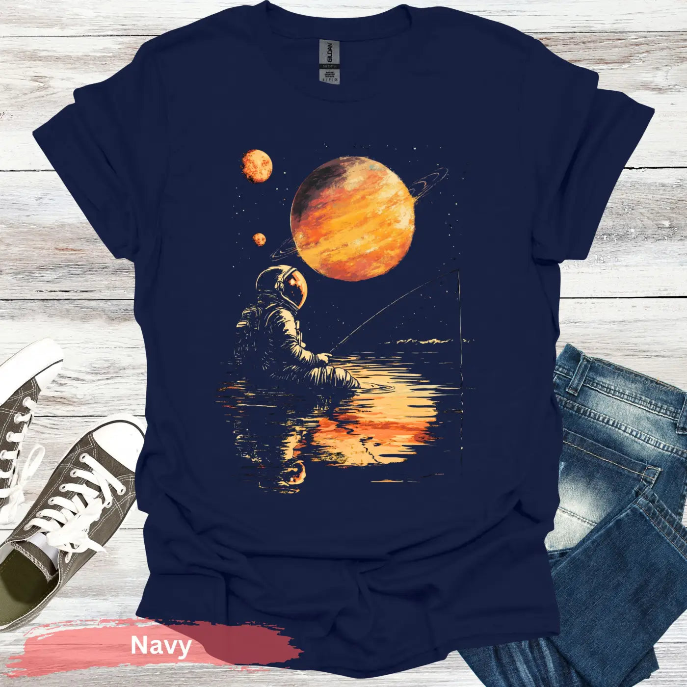 Starlit Serenity: Cosmic Fishing Escape T-shirt - S - Unisex / Navy - Physical Item