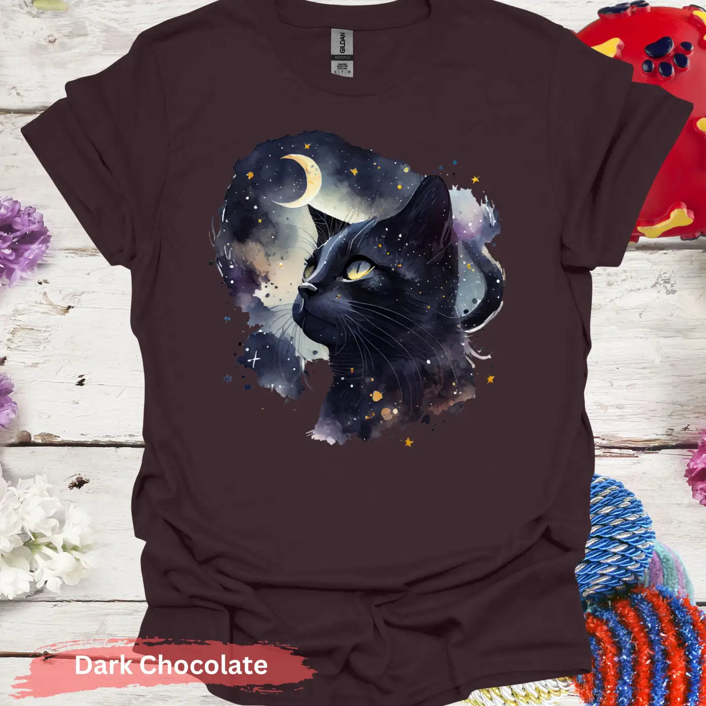 Starry Night Black Cat T-Shirt - S / Dark Chocolate - Physical Item