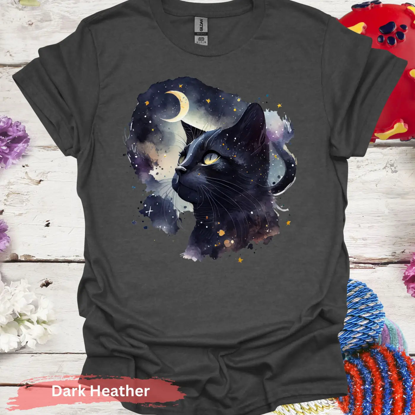 Starry Night Black Cat T-Shirt - S / Dark Heather - Physical Item