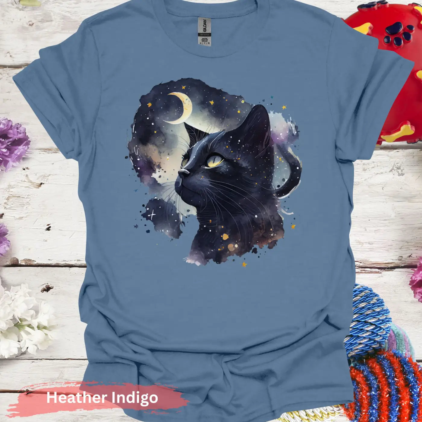 Starry Night Black Cat T-Shirt - S / Heather Indigo - Physical Item