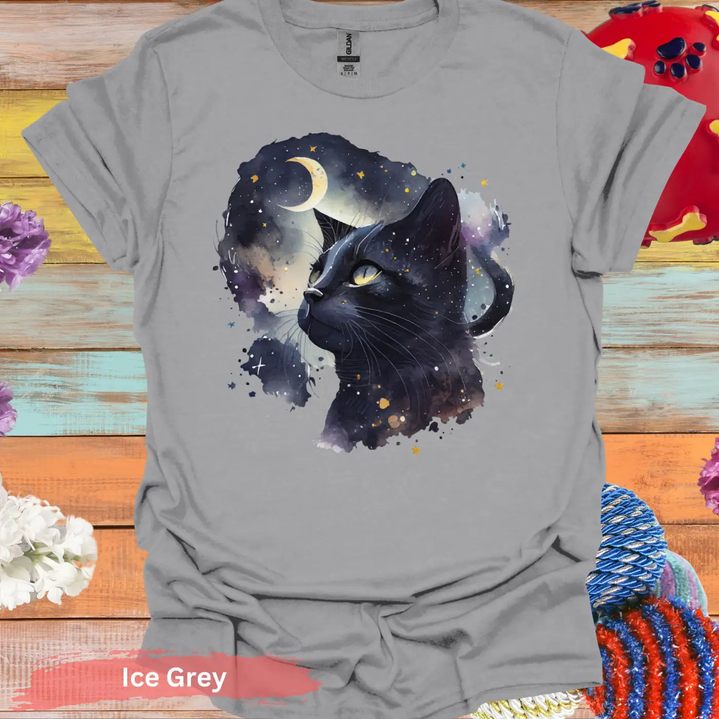 Starry Night Black Cat T-Shirt - S / Ice Grey - Physical Item