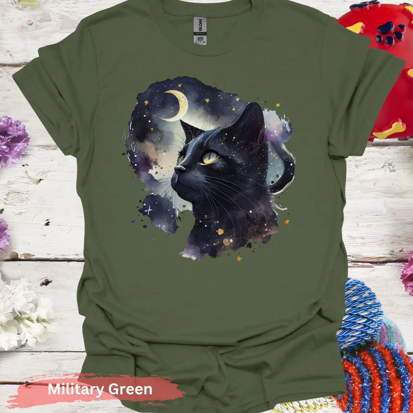 Starry Night Black Cat T-Shirt - S / Military Green - Physical Item