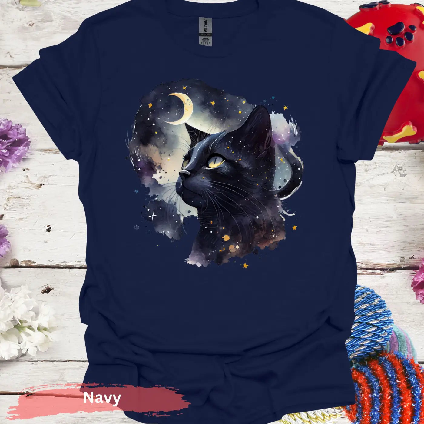 Starry Night Black Cat T-Shirt - S / Navy - Physical Item