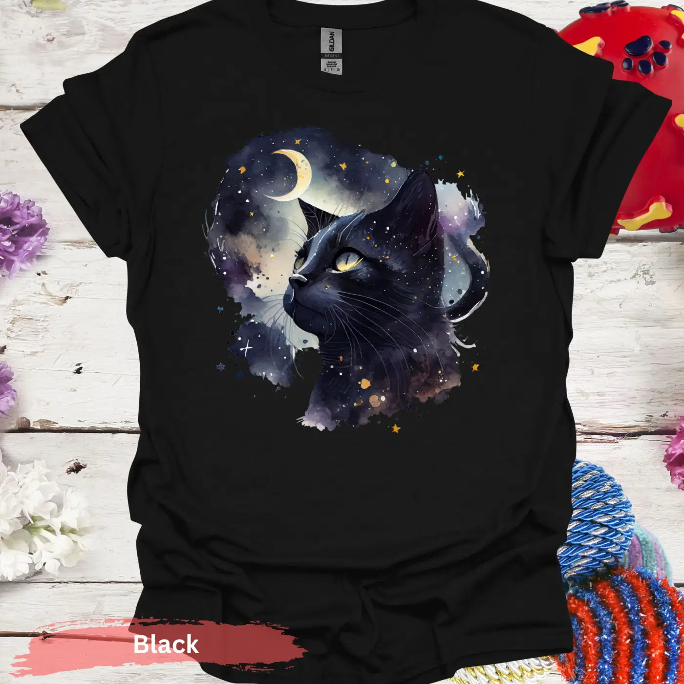 Starry Night Black Cat T-Shirt - S / Physical Item