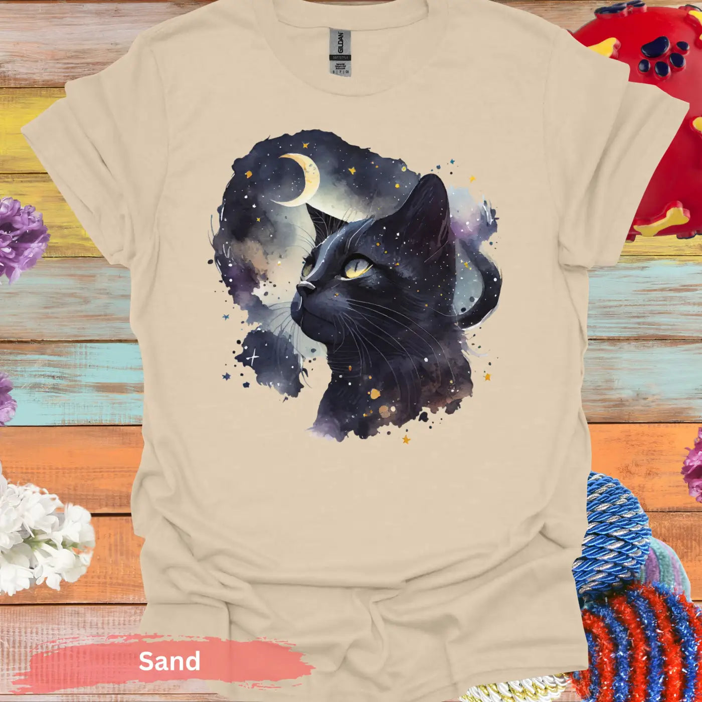 Starry Night Black Cat T-Shirt - S / Sand - Physical Item