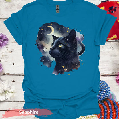 Starry Night Black Cat T-Shirt - S / Sapphire - Physical Item