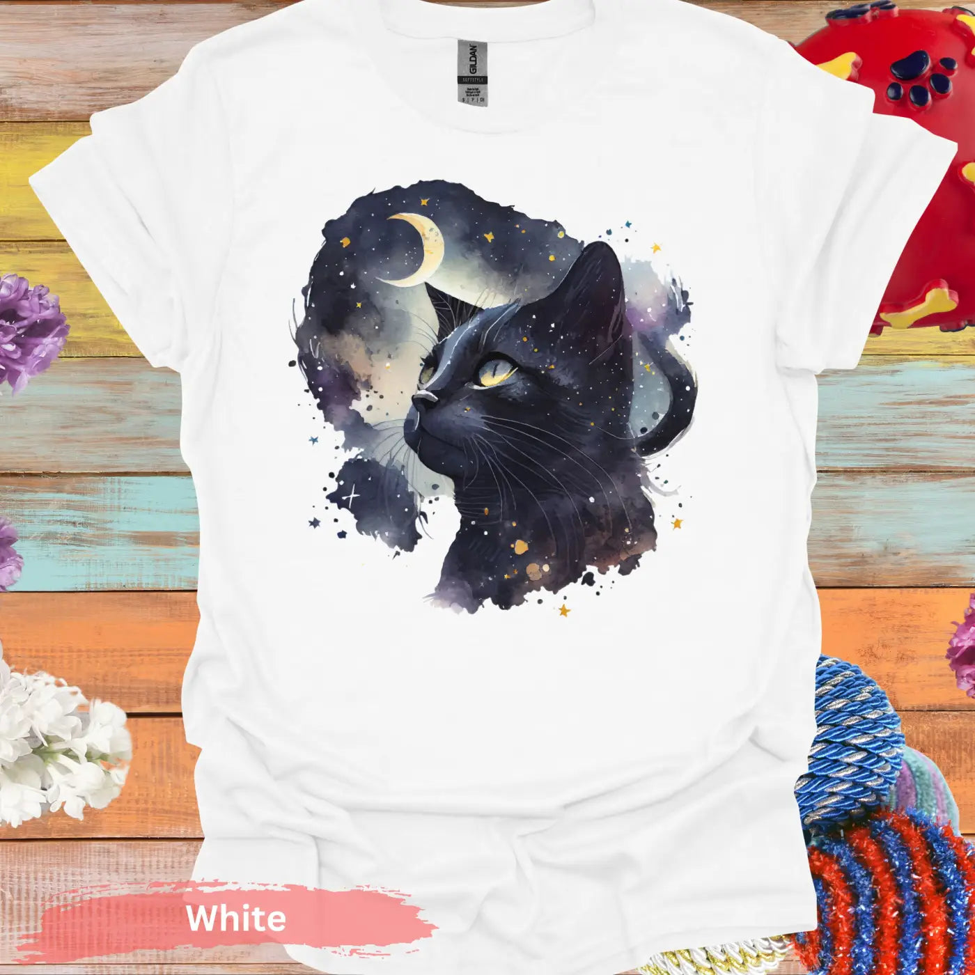 Starry Night Black Cat T-Shirt - S / White - Physical Item