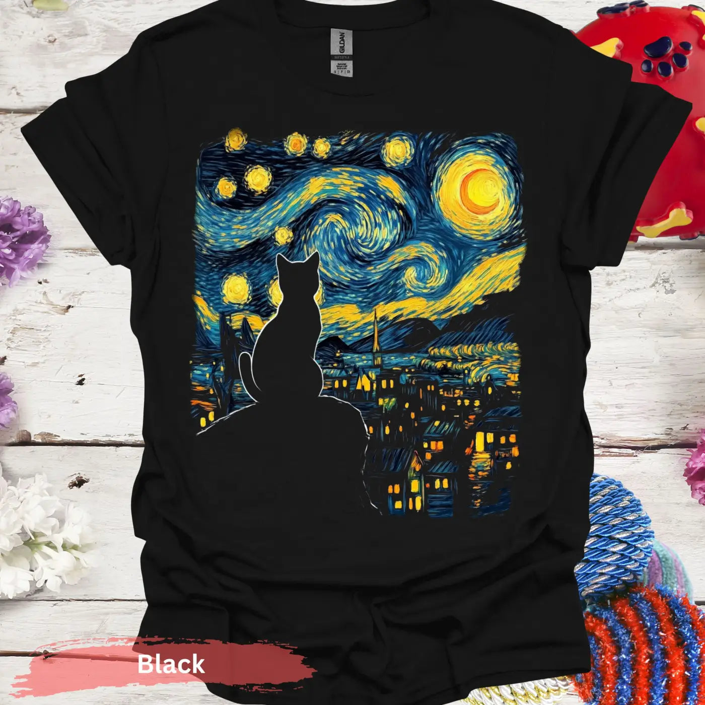 Starry Night Cat T-Shirt - S / Black - Physical Item