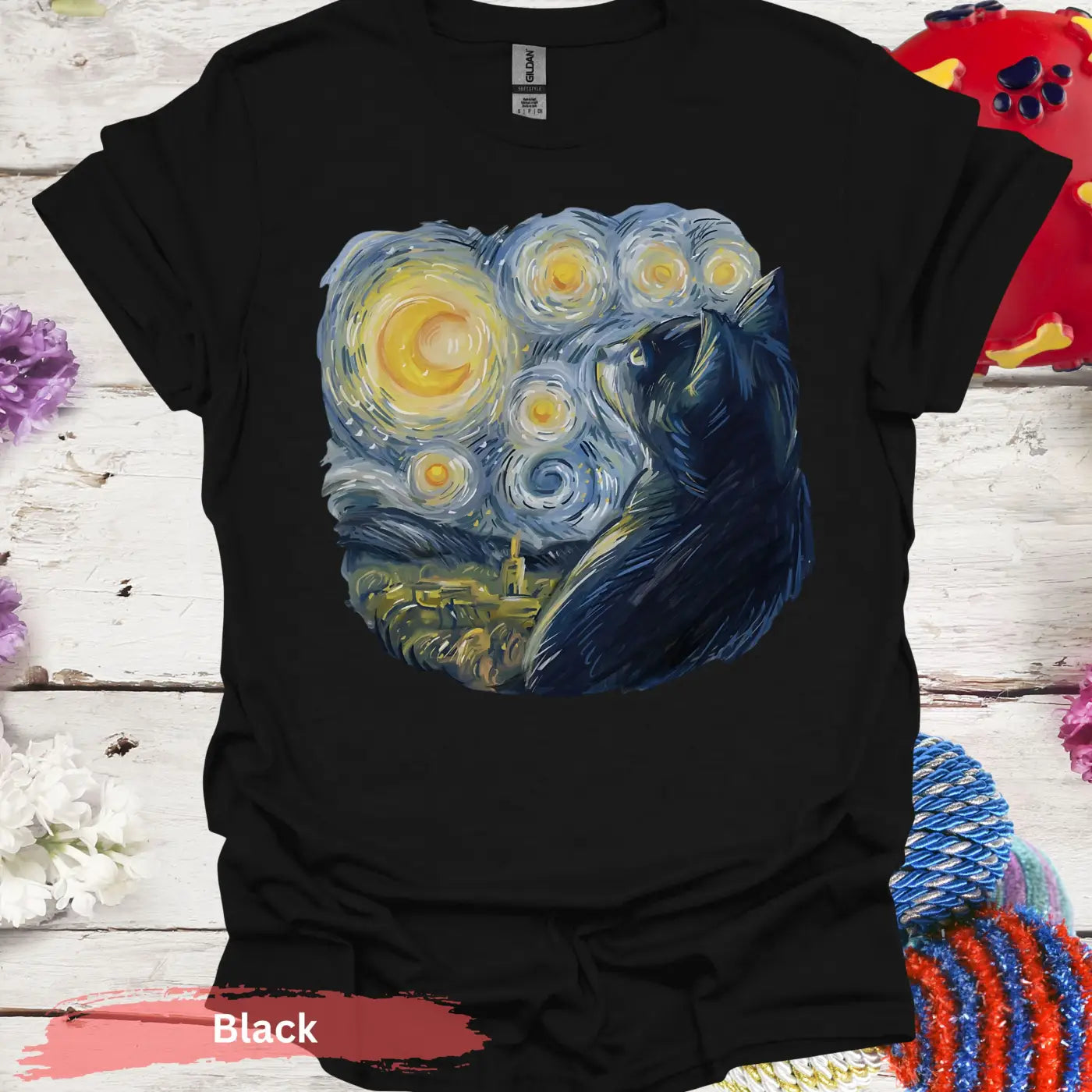 Starry Night Inspired Cat Print T-Shirt - S / Black - Physical Item