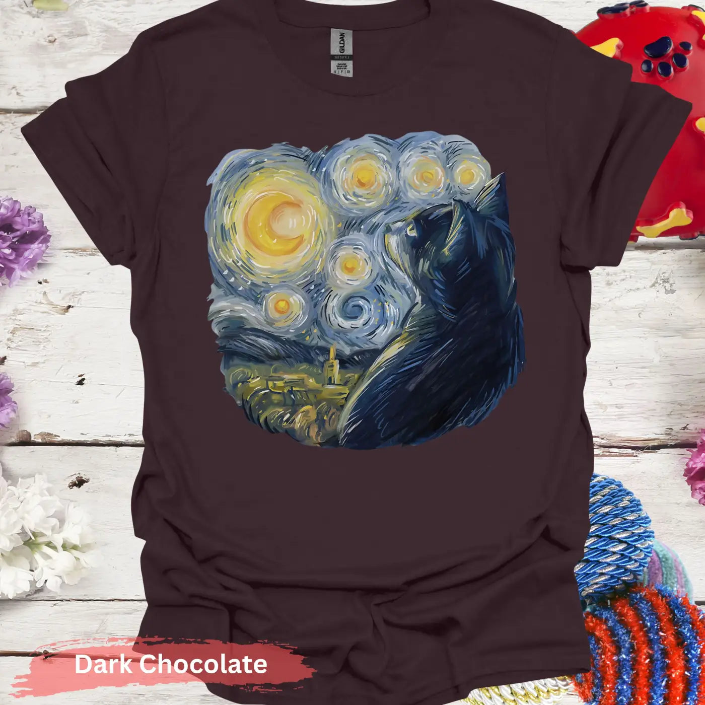 Starry Night Inspired Cat Print T-Shirt - S / Dark Chocolate - Physical Item