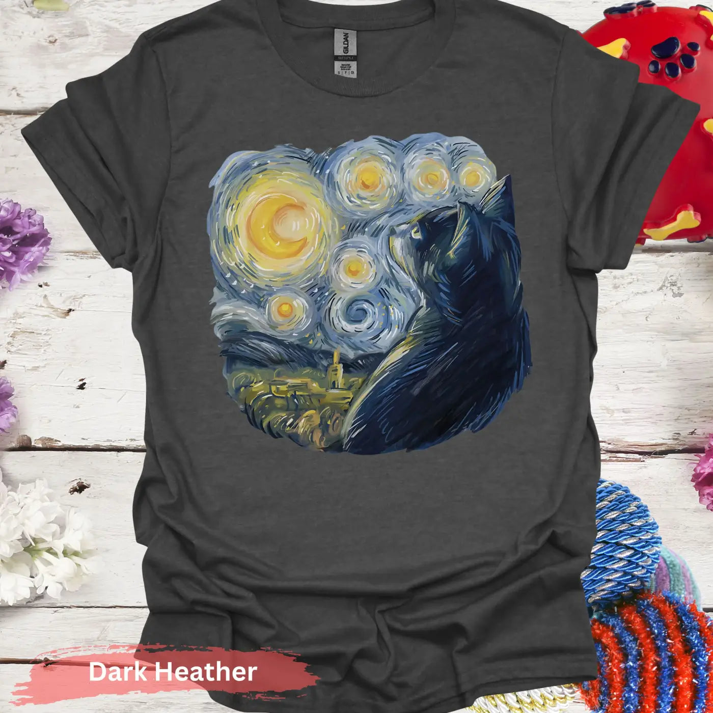 Starry Night Inspired Cat Print T-Shirt - S / Dark Heather - Physical Item