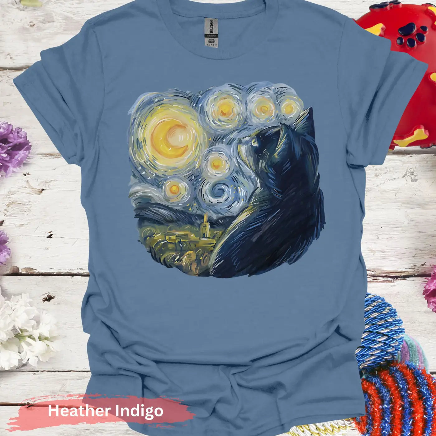 Starry Night Inspired Cat Print T-Shirt - S / Heather Indigo - Physical Item