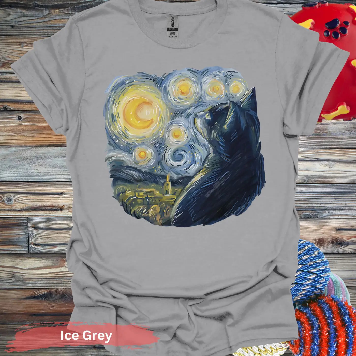 Starry Night Inspired Cat Print T-Shirt - S / Ice Grey - Physical Item