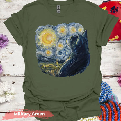 Starry Night Inspired Cat Print T-Shirt - S / Military Green - Physical Item