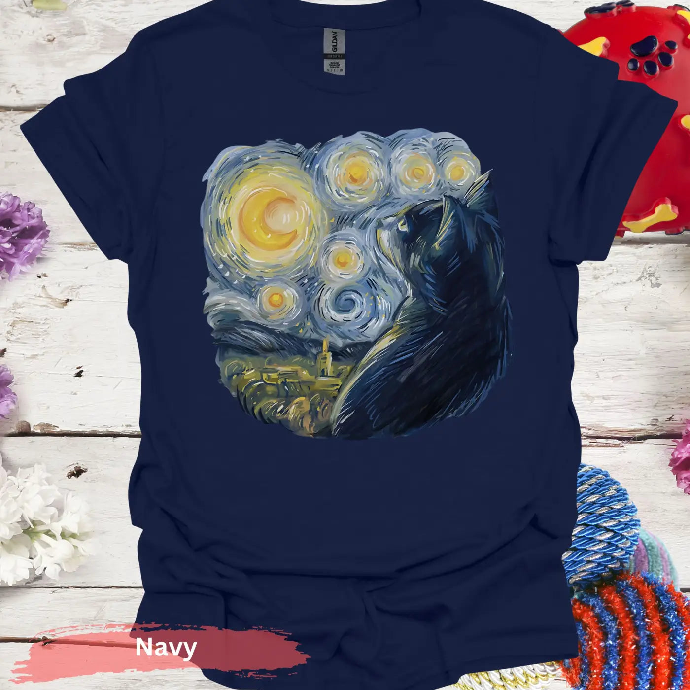 Starry Night Inspired Cat Print T-Shirt - S / Navy - Physical Item