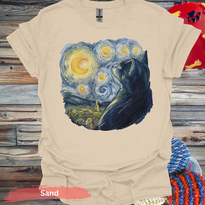 Starry Night Inspired Cat Print T-Shirt - S / Sand - Physical Item