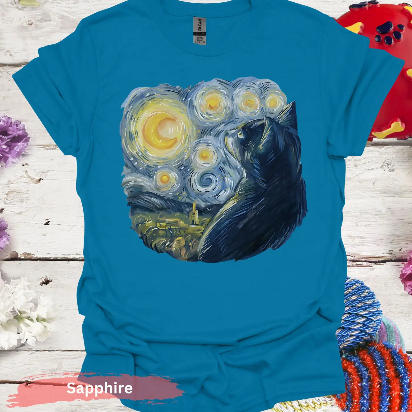 Starry Night Inspired Cat Print T-Shirt - S / Sapphire - Physical Item