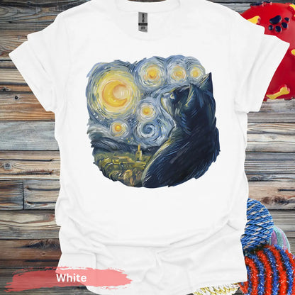 Starry Night Inspired Cat Print T-Shirt - S / White - Physical Item