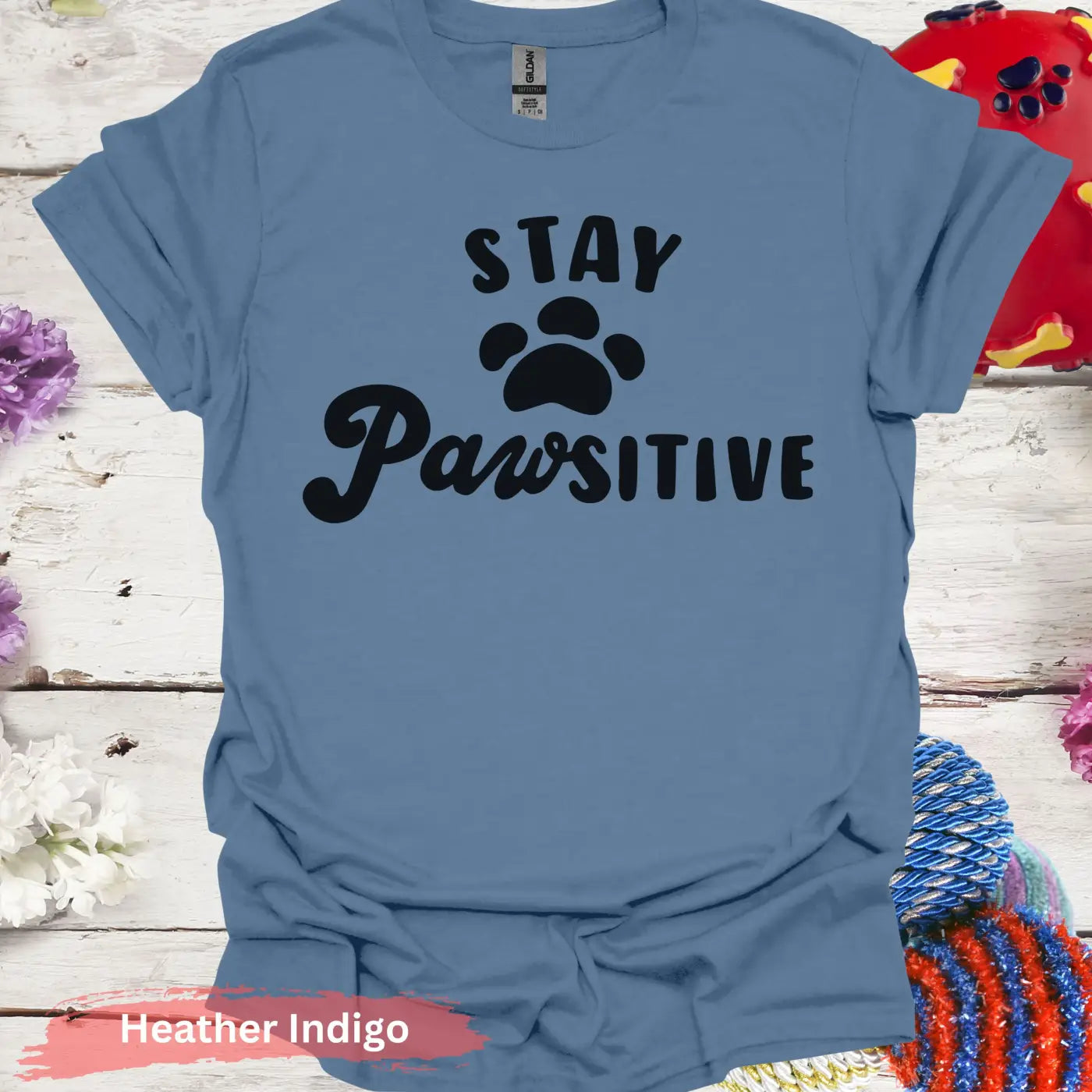 Stay Pawsitive Quote with Paw Print T-Shirt - S / Heather Indigo - Physical Item