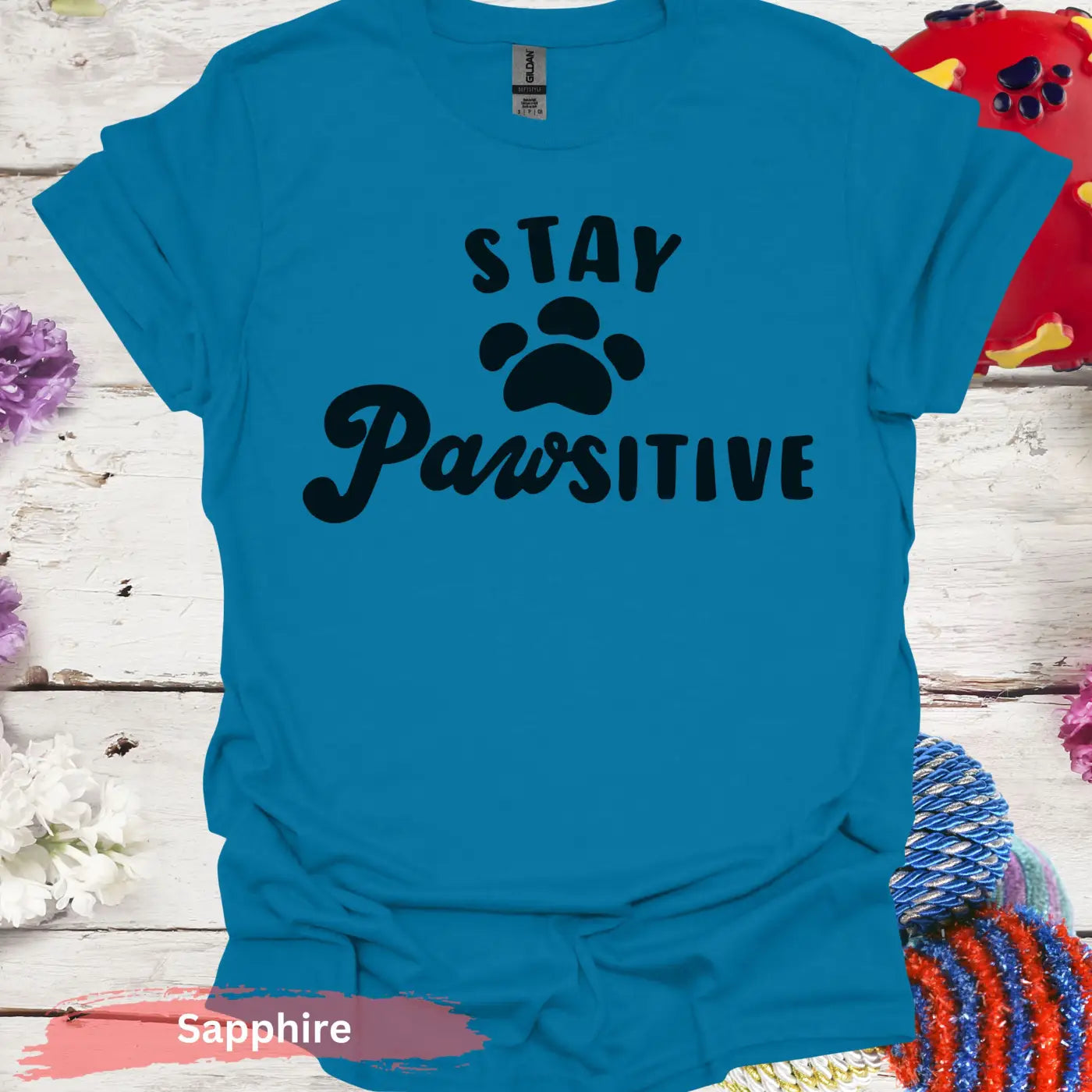 Stay Pawsitive Quote with Paw Print T-Shirt - S / Sapphire - Physical Item