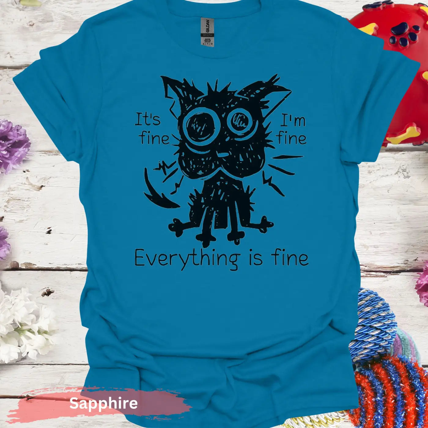 Everything Is Fine Black Cat T-shirt - S / Sapphire - Physical Item