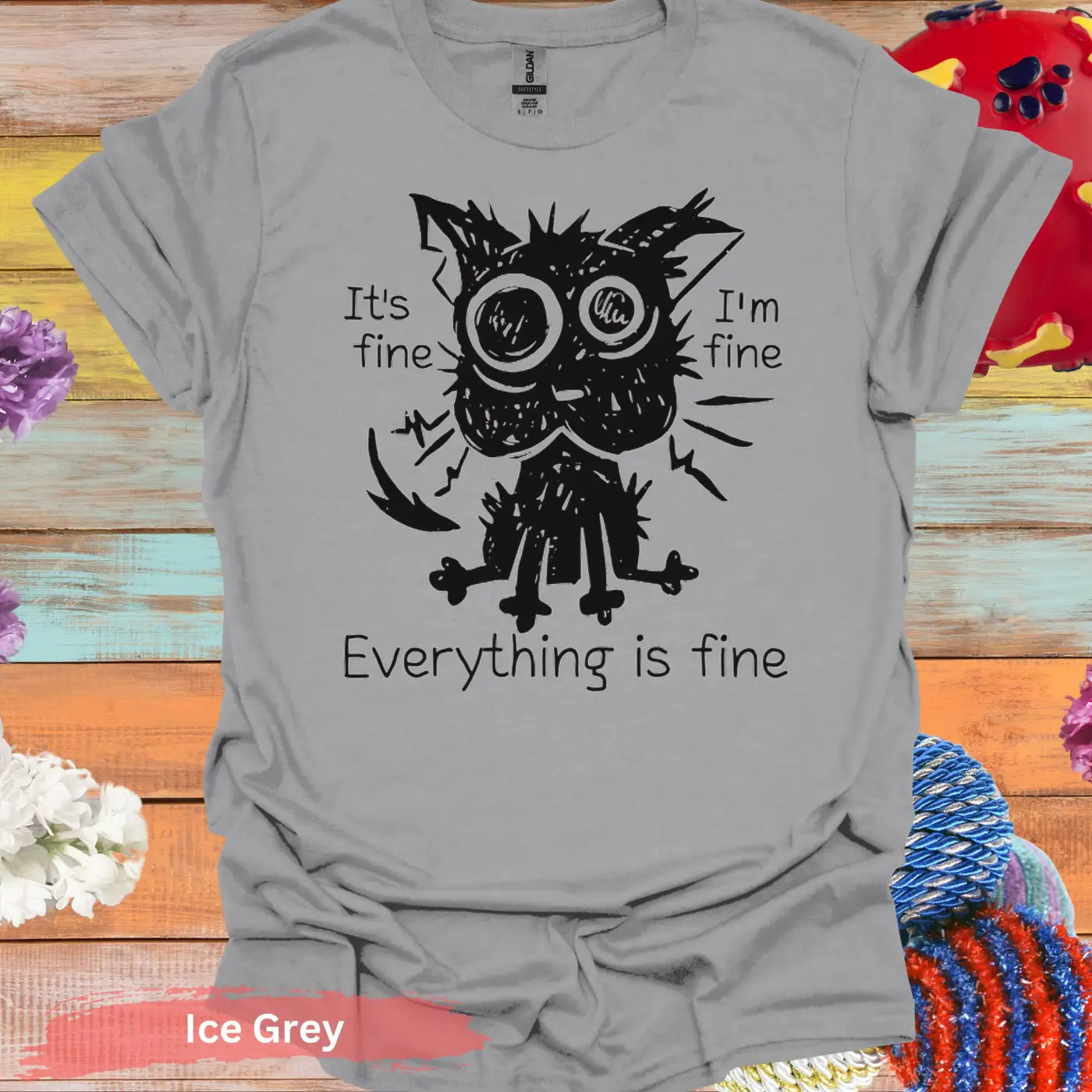 Everything Is Fine Black Cat T-shirt - S / Ice Grey - Physical Item