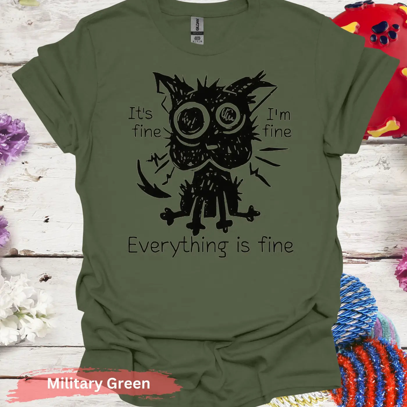 Everything Is Fine Black Cat T-shirt - S / Military Green - Physical Item