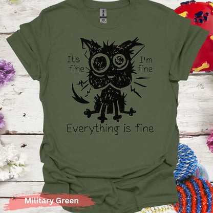 Everything Is Fine Black Cat T-shirt - S / Military Green - Physical Item