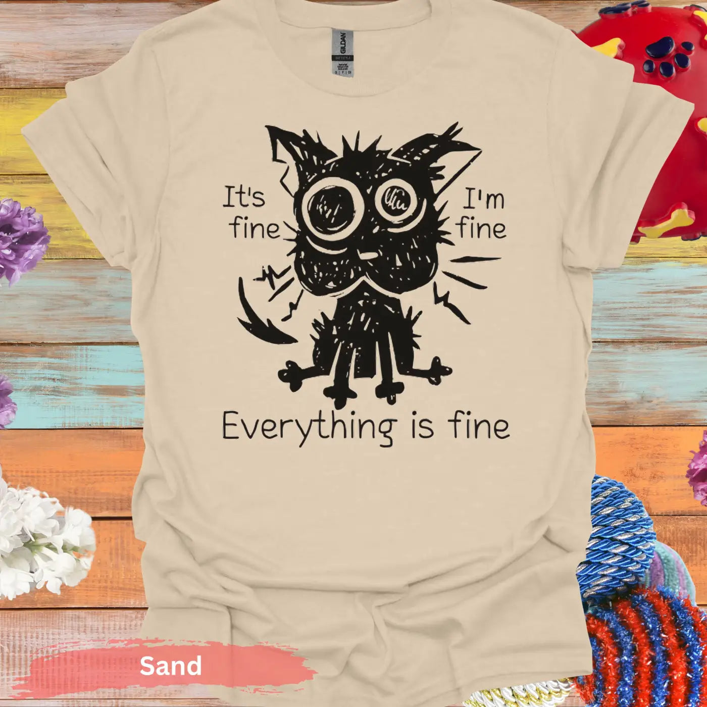 Everything Is Fine Black Cat T-shirt - S / Sand - Physical Item