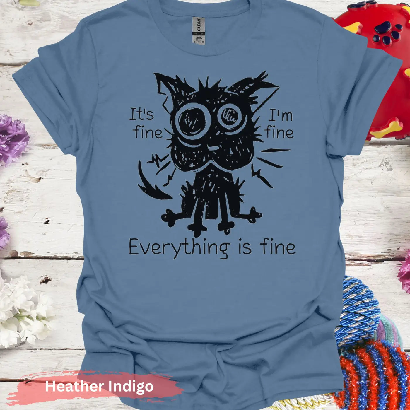 Everything Is Fine Black Cat T-shirt - S / Heather Indigo - Physical Item